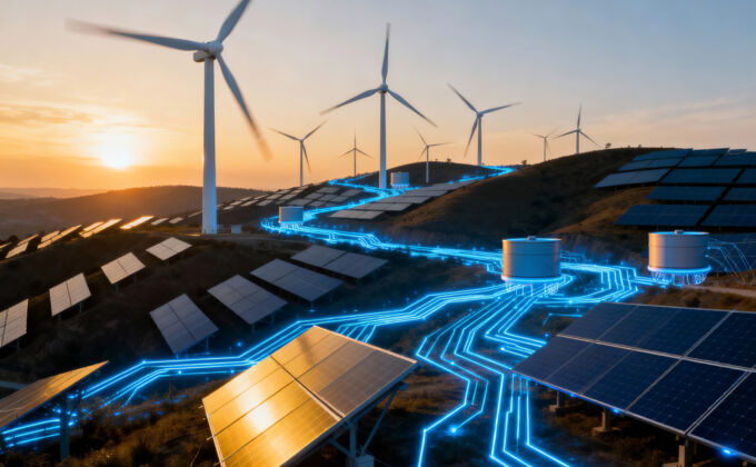 Firefly_energy-landscape-with-wind-turbines,-battery-storage-and-solar-panels-illuminated-as--958296-reduced